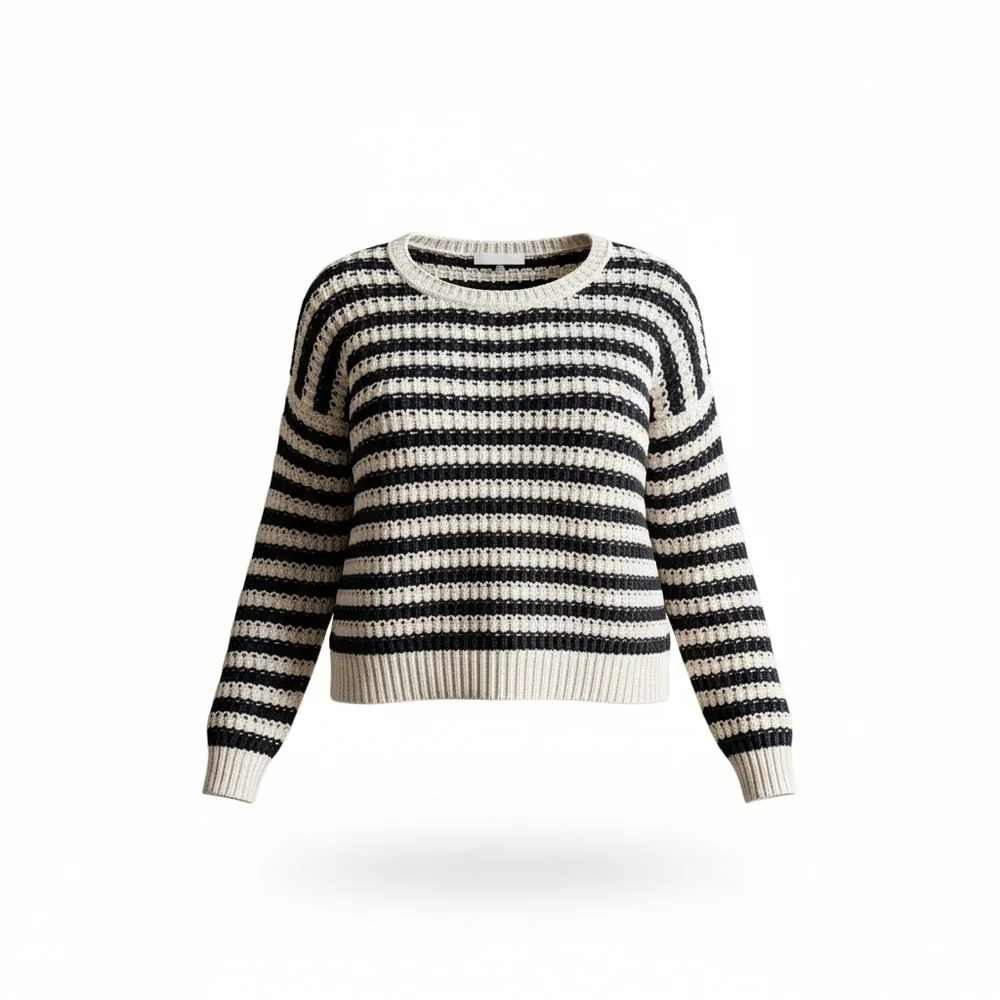 Free People At The Beach  Long Sleeve Cotton Pullover Sweater Ivory/Black Sz Med